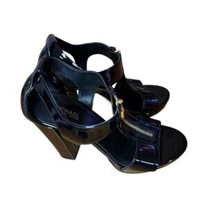 Michael Michael Kors Black Patent Platform Heels Size 7M Zip Front Sandals